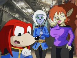  4:3 clothed clothing female flora_(sonic_underground) group knuckles_the_echidna male melee_weapon mindy_latour polearm redraw sega sonic_the_hedgehog_(series) sonic_underground spear stock_image tamers12345&#039;s_sonic_underground trio uniform weapon wyerframez 