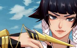  black_eyes black_hair bleach blue_sky blunt_bangs claw_ring commentary day derivative_work english_commentary female hair_tubes hand_up highres looking_at_viewer mugen0017 outdoors parted_lips pink_lips portrait sanpaku screenshot_redraw shikai sky smile smirk solo sui-feng suzumebachi_(shikai) zanpakutou 