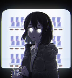  bad_id bad_pixiv_id black_hair black_jacket blank_stare bob_cut can commentary_request crowcrycaw dress_shirt drink energy_drink expressionless female glitch glowing glowing_eyes holding holding_can holding_drink hood hood_down jacket jaw_drop korean_commentary looking_at_viewer loose_hair_strand lowered_eyelids night open_clothes open_jacket open_mouth opening_can original photoshop_(medium) red_bull shirt short_hair solo vending_machine white_eyes white_shirt 