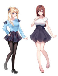  2girls bare_legs black_footwear black_pantyhose black_skirt blonde_hair blue_eyes blue_shirt blush breasts brown_hair closed_mouth commentary_request full_body hair_between_eyes high-waist_skirt high_heels highres inushima long_hair long_sleeves medium_breasts miniskirt multiple_girls open_mouth original pantyhose pink_footwear plaid plaid_skirt ponytail red_eyes shirt shoes simple_background skirt sleeves_past_wrists standing standing_on_one_leg very_long_hair white_background white_shirt 