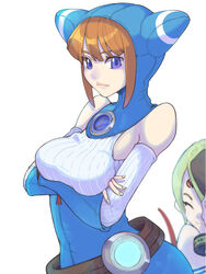  2girls animal_hood blue_eyes bracelet breasts breath_of_fire breath_of_fire_v cat_hood closed_mouth facial_mark green_hair highres hood jewelry lin_(breath_of_fire) looking_at_viewer multiple_girls nina_(breath_of_fire_v) ooiwa_(irc14786149) red_wings short_hair simple_background white_background wings 