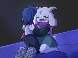  2025 2_horns 4:3 ambiguous_gender anthro biped blood blood_on_face blood_on_ground blue_hair bodily_fluids bovid caprine closed_eyes clothed clothing comforting comforting_another crying darkner darumuru_0104 deltarune detailed_background digital_drawing_(artwork) digital_media_(artwork) duo eyewear floppy_ears fluffy footwear fur glasses goat hair head_tuft hi_res holding_another horn hug hugging_another human kneeling korean_description kris_dreemurr male mammal open_mouth ralsei scared scarf scut_tail shoes short_tail tail tears three-quarter_view tuft undertale_(series) wearing_glasses white_body white_fur white_horn 