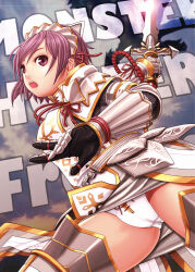  :o armor beads belt cameltoe chainmail clothes_lift cloud commentary_request dragon english_text eques_(armor) female fighting_stance flying gauntlets gloves glowing hairband highres loincloth looking_at_viewer looking_back miniskirt monster_hunter_(character) monster_hunter_(series) monster_hunter_frontier open_mouth outdoors panties pantyshot parted_bangs photoshop_(medium) profile purple_eyes purple_hair revision short_hair skirt skirt_lift sky solo spread_legs surprised swept_bangs sword text_focus thighhighs thighs turtleneck underwear upskirt v-mag weapon white_panties white_thighhighs wings 