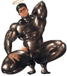  1boy arm_behind_back bara black_bodysuit black_hair bodysuit bulge covered_abs facial_hair fire flaming_halo halo hand_on_own_thigh highres hip_vent large_pectorals looking_at_viewer male_focus mature_male muscular muscular_male parted_lips pectorals shina_(mjaldrarland) short_hair sideburns simple_background solo sparkle squatting stubble sweat thick_eyebrows thick_thighs thighs tokyo_afterschool_summoners v-shaped_eyebrows white_background yellow_eyes zabaniyya_(housamo) 