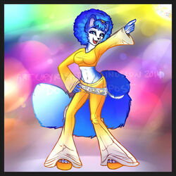  1970s 1:1 2014 afro anthro big_tail black_nose blue_body blue_eyes blue_fur blue_hair bottomwear breasts canid canine clothed clothing dancing disco female footwear fox fur hair hand_on_hip krystal_(star_fox) lens_flare luminosion mammal midriff navel nintendo open_mouth pants shirt shoes solo star_fox tail text topwear watermark white_body white_fur 