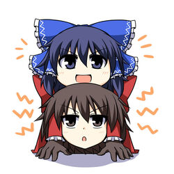  2girls alternate_color blue_eyes blue_hair bow brown_eyes brown_hair chigaunsuyo commentary_request hair_tubes hairbow hakurei_reimu mochizuki_ado multiple_girls open_mouth player_2 prehensile_hair short_hair smile touhou yukkuri_shiteitte_ne 