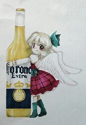  alcohol alternate_hair_color back_cutout bad_id bad_pixiv_id beer beerko blush bottle bow brown_eyes clothing_cutout corona_(brand) dress feathered_wings female frills from_side full_body grey_hair hairbow hug hugging_object long_sleeves looking_at_viewer mini_person minigirl original outstretched_arm oversized_object parody photo_(medium) product_placement puffy_long_sleeves puffy_sleeves ribbon short_hair shu_(loveeater) simple_background smile solo standing style_parody tongue tongue_out traditional_media white_wings wings zun_(style) 