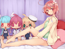  bad_id bad_pixiv_id bandaid barefoot casual character_doll female glasses green_eyes hat hood hoodie hukasikasi i-168_(kancolle) i-19_(kancolle) i-58_(kancolle) i-8_(kancolle) kantai_collection lace_trim long_sleeves loungewear objectification one-piece_swimsuit open_mouth pillow pink_hair polka_dot red_eyes revision short_hair shorts sitting smile solo stuffed_toy swimsuit 