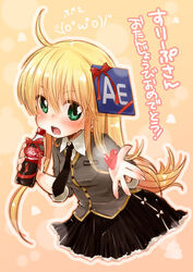  adobe_after_effects ahoge blonde_hair blush borrowed_character bottle coca-cola commentary_request female green_eyes heart long_hair necktie open_mouth original personification photoshop_(medium) school_uniform solo translated yukiu_con 