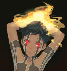  1boy armpits black_hair commentary_request demi-fiend false_smile fire male_focus red_eyes ritsu_(0015-xxxlxxxr) shin_megami_tensei shin_megami_tensei_iii:_nocturne smile solo tattoo topless_male upper_body 