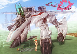  ball beach_towel beach_umbrella beachball blonde_hair canopy_(aircraft) cloud cockpit commentary_request dagova_(artist) day female gerwalk glasses grass highres macross macross_2 md5_mismatch mecha photoshop_(medium) resolution_mismatch robot science_fiction sdf-1 signature source_smaller spacecraft swimsuit sylvie_gena towel u.n._spacy umbrella variable_fighter vf-2ss when_you_see_it 