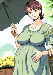  bag blush breasts brown_eyes brown_hair cirima curvy dress female female hands happy harukaze_haruka jewelry large_breasts looking_at_viewer maternity_dress milf modest mother ojamajo_doremi open_mouth outdoors outside pregnant ring short_hair smile solo touei umbrella volvox wedding_ring wife 