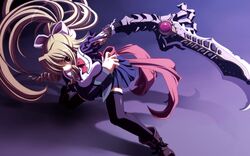  asanami_miori blonde_hair bow red_eyes shirogane_no_soleil skyfish tsurugi_hagane weapon 