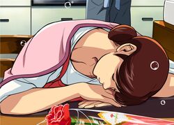  apron breasts brown_hair bubble bubbles cirima cleavage closed_eyes female flower hair_bun hands hikaru_no_go housewife milf mother mother&#039;s_day red_rose rose shindou_mitsuko shueisha sleeping tired volvox wife 