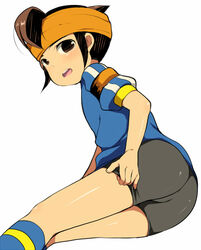  1boy ass bike_shorts blush brown_eyes brown_hair endou_mamoru footwear headband inazuma_eleven inazuma_eleven_(series) ku--ma lying male male_focus on_side open_mouth shorts simple_background soccer soccer_uniform socks solo sportswear white_background 