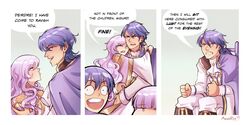  2boys 2girls ana_rui bad_id bad_twitter_id blue_eyes blue_hair blush cape deirdre_(fire_emblem) dress english_text father_and_daughter father_and_son fire_emblem fire_emblem:_genealogy_of_the_holy_war fire_emblem_heroes hark_a_vagrant highres julia_(fire_emblem) light_purple_hair long_hair mother_and_daughter multiple_boys multiple_girls parody purple_eyes purple_hair seliph_(fire_emblem) short_hair sigurd_(fire_emblem) smile very_long_hair 