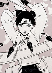  arms_up daniel_macgregor double_buns female fingerless_gloves forehead_protector gloves hair_bun kunai looking_at_viewer monochrome naruto naruto_shippuuden open_mouth scroll solo tenten upper_body weapon 