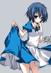  1boy alice_(alice_in_wonderland) alice_(alice_in_wonderland)_(cosplay) alice_in_wonderland apron blue_eyes blue_hair commentary_request cosplay dress female kuma_(persona_4) persona persona_4 sakura-no shirogane_naoto short_hair skirt_hold 