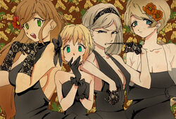  4girls angry axis_powers_hetalia bad_id bad_pixiv_id bare_shoulders belarus_(hetalia) biting black_bow black_dress black_gloves black_hairband blonde_hair blue_eyes bow breasts brown_hair center_opening cleavage closed_mouth collarbone dress elbow_gloves elbow_on_another&#039;s_shoulder flower glove_biting gloves green_eyes grey_hair hair_flower hair_ornament hairband hairbow hands_up headband hungary_(hetalia) lace lace_gloves liechtenstein_(hetalia) long_hair looking_at_viewer medium_breasts multiple_girls parted_bangs red_flower ribbon see-through short_hair sleeveless sleeveless_dress smile strapless strapless_dress swept_bangs ukraine_(hetalia) upper_body urayasuura 