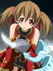  :o armor bare_shoulders breastplate brown_hair commentary_request detached_sleeves dragon feathers female hair_ribbon pina_(sao) red_eyes ribbon short_twintails silica skirt solo suemizu_yuzuki sword_art_online twintails wings 