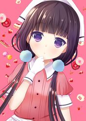  :o absurdres amasajithira black_hair blend_s blunt_bangs blush buttons cake cherry collared_shirt commentary_request dessert doughnut dutch_angle female food fruit gloves hand_on_own_chin hand_up head_scarf highres long_hair looking_at_viewer low_twintails macaron pink_background pink_shirt pom_pom_(clothes) purple_eyes sakuranomiya_maika shirt short_sleeves solo stile_uniform strawberry twintails upper_body waitress white_gloves 