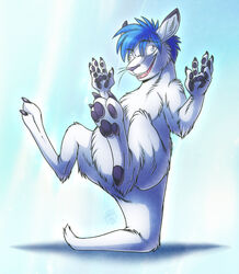  2014 5_fingers abstract_background avoid_posting balancing_on_tail blue_hair fingers fur hahul hair looking_at_viewer macropod male mammal marsupial rooth semi-anthro simple_background smile solo tail wallaby white_body white_fur year 