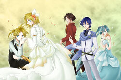  aku_no_musume_(vocaloid) allen_avadonia blonde_hair blue_dress blue_eyes blue_hair brown_hair dress evillious_nendaiki flower fujie germaine_avadonia hair_flower hair_ornament hatsune_miku holding holding_flower kagamine_len kagamine_rin kaito_(vocaloid) kissing kissing_hand kyle_marlon long_hair meiko_(vocaloid) michaela_(evillious_nendaiki) petals riliane_lucifen_d&#039;autriche scarf short_hair short_ponytail standing twintails vocaloid white_dress 