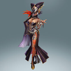  bodypaint breasts cia_(the_legend_of_zelda) cia_(zelda_musou) cleavage dark_skin dress feathers feathers full_body gradient gradient_background hat jewelry large_breasts lots_of_jewelry mask nail_polish navel official_art shia_(the_legend_of_zelda) side_slit solo the_legend_of_zelda white_hair witch zelda_musou 