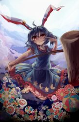  ahoge animal_ears blood blood_stain blue_hair commentary_request dress earclip female flower highres ijen_(ljenejl) kine looking_at_viewer mallet pointing pointing_at_self rabbit_ears red_eyes seiran_(touhou) short_sleeves smile solo touhou 