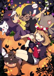  1boy alternate_costume banette bike_shorts blue_eyes brendan_(pokemon) brown_hair cameo chimecho cloak commentary cosplay crescent_moon female gengar gengar_(cosplay) ghost_costume hair_ribbon halloween halloween_costume jack-o&#039;-lantern looking_at_viewer may_(pokemon) moon nail_polish night niimura_(csnel) one_eye_closed outdoors phantump pikachu pokemon pokemon_(creature) pokemon_oras pumpkaboo pumpkin ribbon short_hair short_shorts shorts symbol-only_commentary 