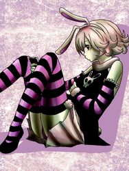  animal_ears arm_warmers bunny_ears female hunter_x_hunter osome_tei panties pantyshot patterned_legwear pink_hair piyon rabbit_ears short_hair skirt solo striped striped_legwear two-tone_stripes underwear 