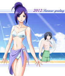  1boy 2012 aono_miki beach bikini black_hair commentary_request day female fresh_precure! highres innertube long_hair minami_shun moritakusan ponytail precure sarong short_hair swim_ring swimsuit 