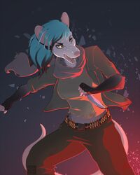  2016 4:5 5_fingers american_opossum anthro blue_hair clothed clothing digital_media_(artwork) female fingers fur grey_body grey_fur hair hi_res holding_object holding_weapon implied_fire knife mammal marsupial open_mouth shaded simple_background solo teeth virginia_opossum weapon wyla 