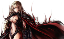  armor bad_id bad_pixiv_id bikini_armor blonde_hair blue_eyes breasts cape center_opening claw_(weapon) clothing_cutout cornelia_(sennen_sensou_aigis) cowboy_shot female hair_ribbon highres large_breasts long_hair looking_at_viewer nannacy7 navel navel_cutout ribbon sennen_sensou_aigis solo weapon white_background 