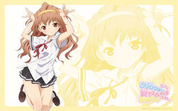  armpits border bow bowtie brown_eyes brown_hair copyright_name female hairband highres kawamura_kousuke kneeling light_smile loafers logo long_hair looking_at_viewer miniskirt official_art official_wallpaper onii-chan_dakedo_ai_sae_areba_kankeinai_yo_ne outside_border pose school_uniform shoes skirt solo takanomiya_arisa zoom_layer 