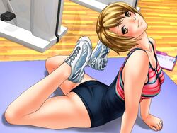  ass blonde_hair blush game_cg joy_ride libido looking_at_viewer short_hair sportswear stretching yellow_eyes 