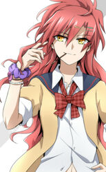  akuma_no_riddle bad_id bad_pixiv_id bow commentary_request female food hair_ornament hairclip hand_on_own_hip highres kago-tan long_hair mouth_hold pocky ponytail red_hair sagae_haruki school_uniform scrunchie smile solo yellow_eyes 