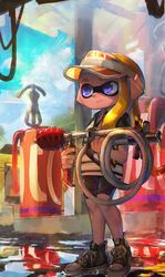  bad_id bad_twitter_id bike_shorts black_footwear black_shorts blonde_hair blue_eyes blue_sky closed_mouth cloud commentary_request day female full_body gas_station goo_tuber_(splatoon) hat highres holding holding_weapon inkling inkling_girl inkling_player_character kashu_(hizake) lace long_hair looking_away monster_girl orange_hat outdoors pointy_ears puddle shirt shoes short_eyebrows short_sleeves shorts sky smile sneakers solo splatoon_(series) splatoon_2 standing striped_clothes striped_shirt tentacle_hair visor_cap weapon wet_floor 