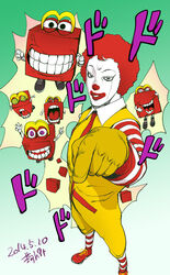  1boy artist_name commentary_request dated floating gloves happy_(mcdonald&#039;s) jojo_no_kimyou_na_bouken kon-kit mcdonald&#039;s open_mouth parody photoshop_(medium) pointing red_hair ronald_mcdonald shoes smile socks stand_(jojo) striped_clothes striped_socks style_parody teeth tongue 