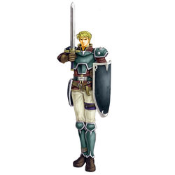  1boy armor blonde_hair brown_eyes fire_emblem fire_emblem:_the_blazing_blade harken_(fire_emblem) highres holding holding_sword holding_weapon looking_at_viewer male_focus official_art pauldrons photoshop_(medium) shield shoulder_armor solo sword wada_sachiko weapon white_background 