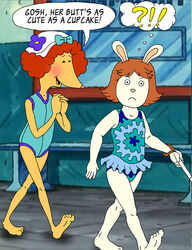  angry anthro arthur_(series) blind blush cane canid canine canis clothed clothing disability domestic_dog duo female female/female lagomorph leporid mammal marina_datillo one-piece_swimsuit poodle prunella_deegan rabbit swimwear unknown_artist white_cane young 