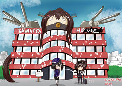  2girls black_hair black_skirt blue_hat blue_jacket blush bodysuit brown_eyes brown_hair building chibi cityscape closed_eyes commentary_request corset dated haguro_(kancolle) hat hatsuzuki_(kancolle) highres hotel_yamato jacket kantai_collection long_hair long_sleeves moritaku0708 multiple_girls objectification outdoors pantyhose pencil_skirt pleated_skirt ponytail short_hair skirt skyline striped_clothes striped_skirt turret twitter_username very_long_hair white_legwear yamato_(kancolle) 