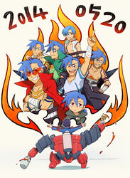  2014 6+boys aged_down alternate_hairstyle bandages blue_hair boota_(ttgl) cape commentary_request crossed_arms grin hair_over_one_eye highres kamina_(ttgl) kamina_shades lagann male_focus mecha multiple_boys multiple_persona outstretched_arms paint_can paintbrush painting_(action) pointing red_eyes robot simon_(ttgl) smile sunglasses supinosu tattoo tengen_toppa_gurren_lagann tengen_toppa_gurren_lagann:_parallel_works topless_male triangular_eyewear trim_brush 