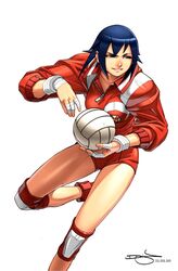  ayuhara_natsu ball blue_hair female highres justice_gakuen knee_pads omar_dogan signature sleeves_pushed_up solo volleyball volleyball_(object) 