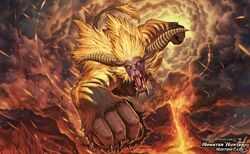  capcom clenched_hands fists fur highres horns mh monster monster_hunter official_art pelagus rajang red_eyes scar tail volcano volcanoes 