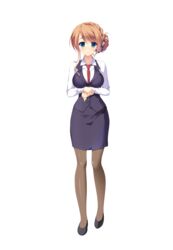  ameto_yuki blush brown_hair brown_legwear collar female female full_body green_eyes hair_ornament hooksoft long_hair looking_at_viewer makihara_shiho_(pure_x_connect) necktie office_lady official_art pantyhose pure_x_connect shiny_skin shirt smee solo standing straight_hair transparent_background transparent_png 