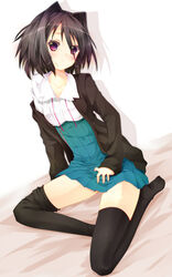  bad_id bad_pixiv_id black_thighhighs blush female hair_intakes highres koi_to_senkyo_to_chocolate morishita_michiru nironiro purple_eyes school_uniform short_hair solo thighhighs 