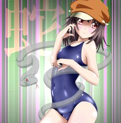  absurdres brown_eyes brown_hair commentary_request female hat highres kuchinawa meteo-impact monogatari_(series) one-piece_swimsuit school_swimsuit sengoku_nadeko shiny_clothes short_hair snake solo swimsuit 