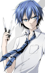  akuma_no_riddle azuma_tokaku bad_id bad_pixiv_id between_fingers blue_eyes blue_hair commentary_request female highres holding holding_knife holding_weapon kago-tan knife necktie school_uniform short_hair solo weapon 