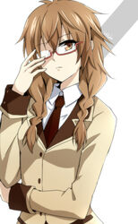  akuma_no_riddle bad_id bad_pixiv_id braid brown_eyes brown_hair commentary_request female glasses highres kago-tan kenmochi_shiena long_hair opaque_glasses open_mouth partially_opaque_glasses red-framed_eyewear school_uniform semi-rimless_eyewear solo twin_braids 